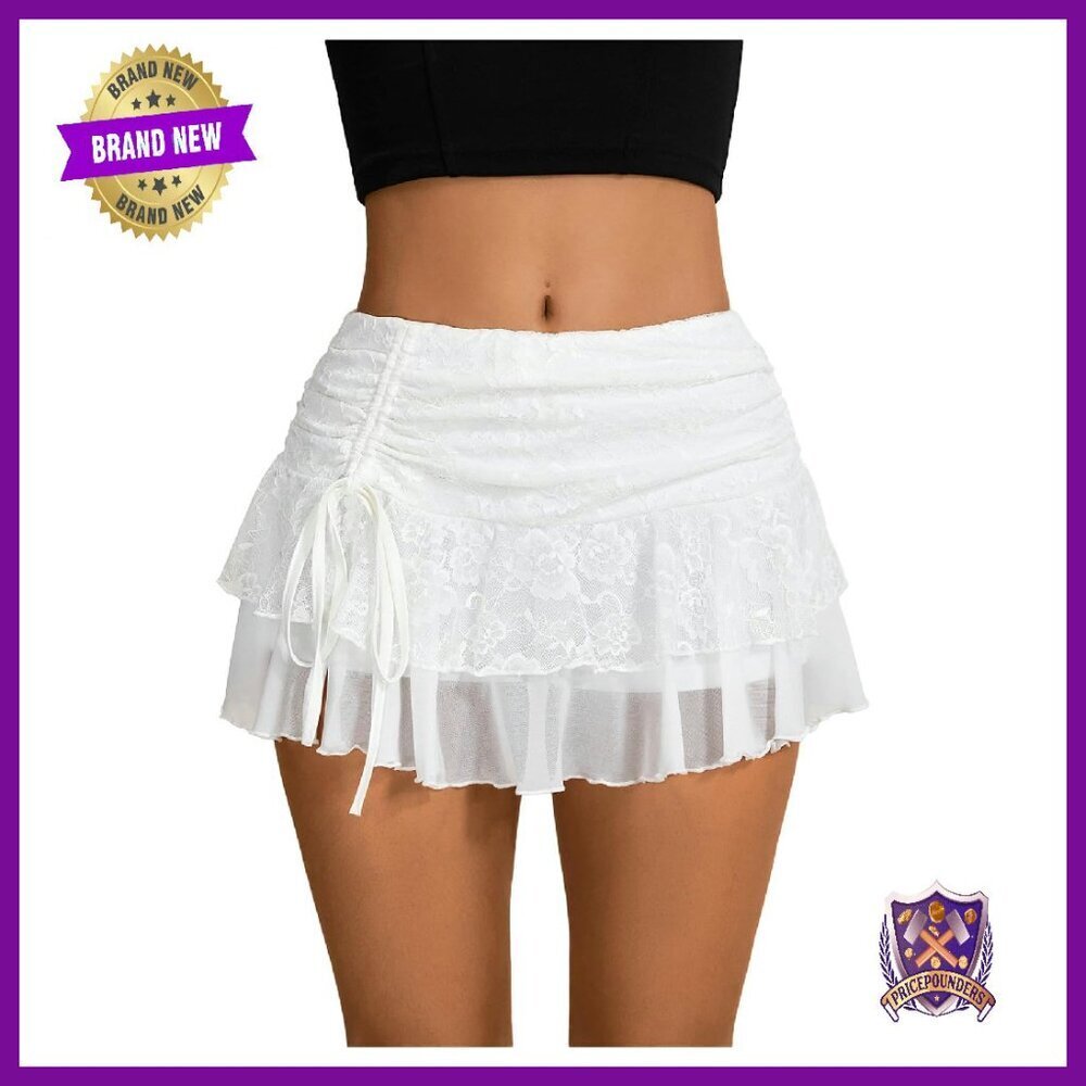 Y2K Lace Skirt with Ruffle Hem and Built-in Shorts, Elastic Waist Mini Skort
